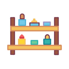 Shelf display of colorful geometric shapes on black background