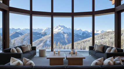 Cozy modern living room with large windows overlooking majestic snowy mountain range, Cozy Mountain Retreat Interior