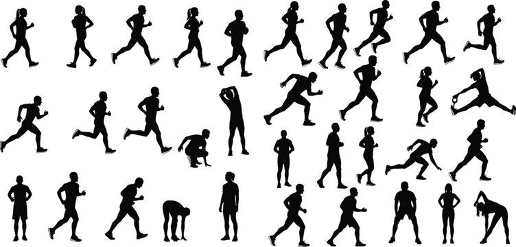 Man and woman runners, silhouette illustration, fitness, different poses, running, stretching, warming up