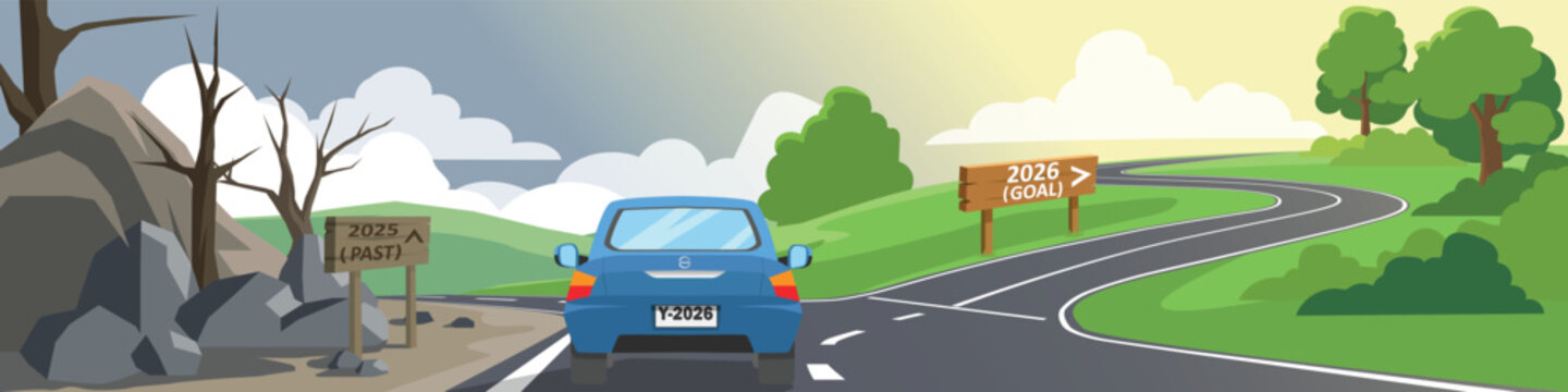 Vector or illustration of car turning right at a fork road. Left barren path has a 2025 sign past or failure. While the right green path has a 2026 sign future or success. Business decision concept.