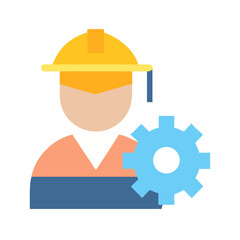 Construction worker flat icon with gear on black background