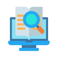 Online research illustration with computer, book, and magnifying glass