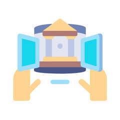 Hands holding a virtual museum graphic in flat style