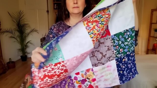 Displaying a handmade patchwork quilt with colorful fabric squares and white accents