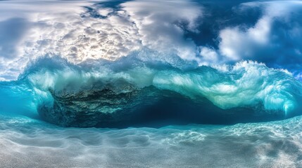 Ocean waves crashing underwater revealing seabed geology