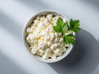 A bowl of crumbled cottage cheese with a sprig of parsley on top, on a white surface with shadows
