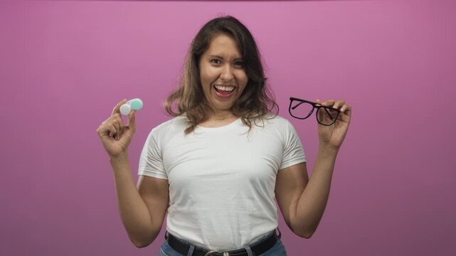 Woman holding black glasses and a contact lens case in a pink studio, eyes closed with hands raised near shoulders; playful confidence.
