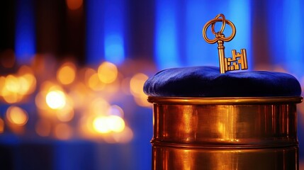 Ornate Gilded Key Resting On A Velvet Cushion
