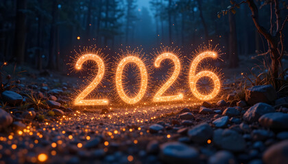 Fiery numbers with sparks in a dark forest path new year