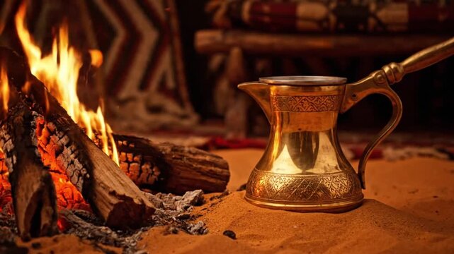Brass tea or coffee pot beside campfire. Traditional Arab dallah on desert sand. Bedouin hospitality and desert life concept. 