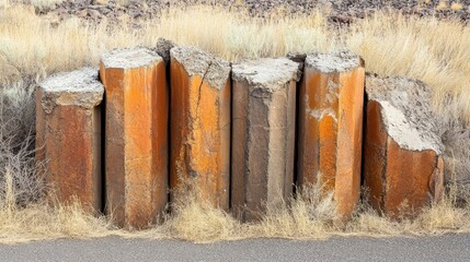 Natural hexagonal basalt columns with orange and grey textures standing in dry grass