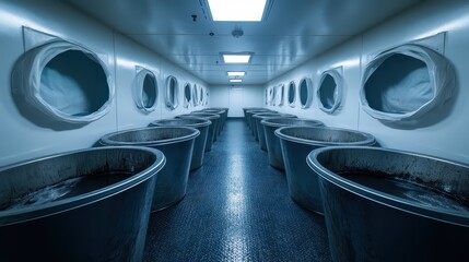 Obraz premium Rows of metal communal basins for washing in an interior space