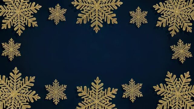Golden glitter snowflake animated border on a dark blue background with falling snow for festive winter holiday design