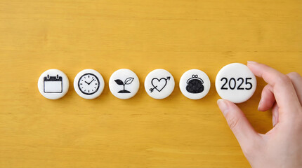 Hand placing 2025 button with icons for time money and health,new year resolution and personal development planning,future goal setting and life balance management on yellow