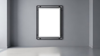 A blank white picture frame hangs on a gray wall in a minimalist empty room with a smooth floor and soft natural light