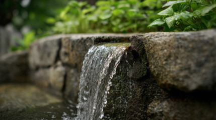 Obraz premium Water flowing over a weathered stone wall in a natural outdoor setting