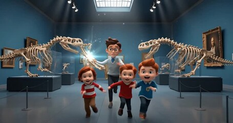 Children exploring a dinosaur exhibit in a museum, with a scientist demonstrating a hologram