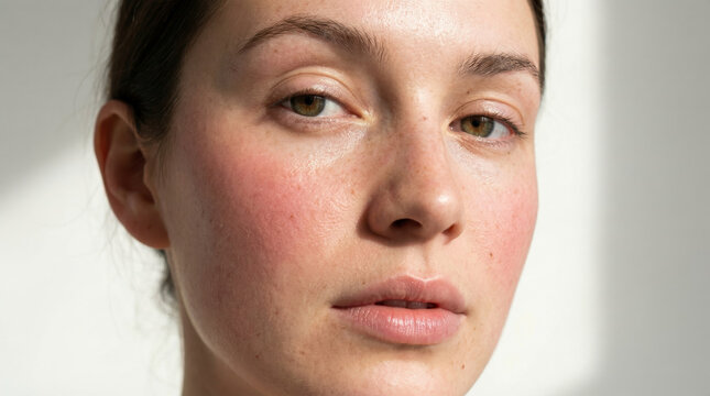 Close-up portrait of young woman with natural red flushed cheeks and green eyes looking at camera