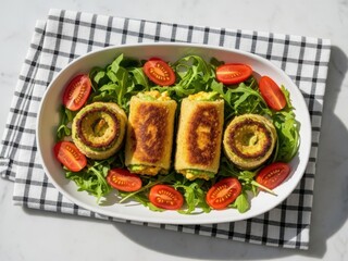 Delicious stuffed crepes with fresh vegetables on a white plate on a table