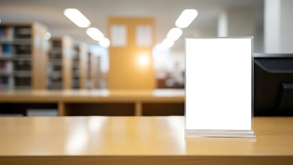 Blank Sign On A Wooden Counter In A Library With Bookshelves In The Background