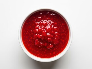 A vibrant red sauce or jam in a small white bowl isolated on white background