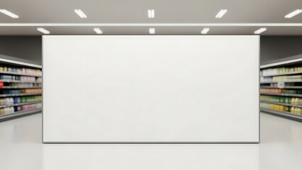 A large white screen displayed prominently in a well-lit retail store surrounded by shelves of products