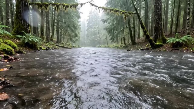A captivating lowangle perspective of a pristine forest stream flowing gracefully through a lush mosscovered temperate rainforest showcasing the vibrant natural ecosystem and tranquil wilderness envi.