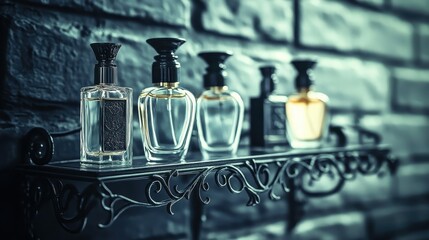Perfume Bottles Displayed on a Black Wrought Iron Shelf