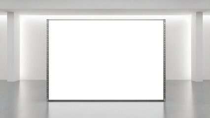 Obraz premium A large white rectangular frame in a modern minimalist room with a sleek gray floor and subtle lighting from the ceiling.