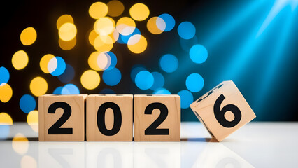 The year "2026" is creatively represented by wooden blocks, with the final digit tilted, against a beautifully blurred bokeh light background.