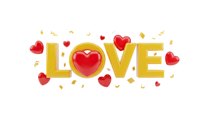 3D LOVE text with hearts and confetti on transparent background