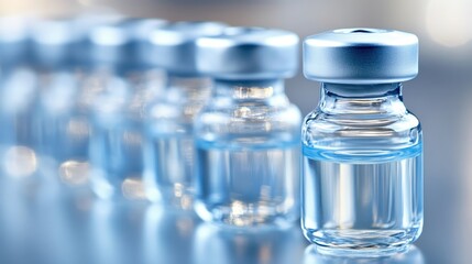 Row of transparent glass vaccine vials containing clear liquid with silver caps on a sterile surface