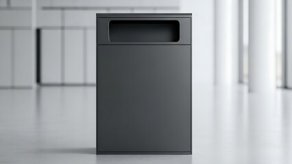 A sleek black trash can in a modern minimalist white room with clean lines and ample natural light.