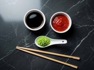 Soy sauce, wasabi, and chili sauce with chopsticks on a black marble surface for sushi or japanese food