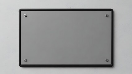 A grey rectangular signboard mounted on a plain white wall with four silver screws from a straight-on viewpoint