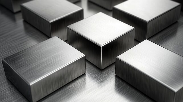 Precisely interlocking polished steel geometric shapes form a clean modern metallic abstract composition