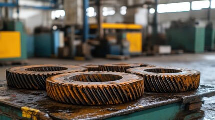 Rusty Gears in Industrial Workshop Close Up View
