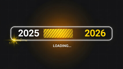 A glowing yellow loading bar progresses from "2025" towards "2026" on a dark black background, symbolizing the countdown and transition to the New Year with anticipation.
