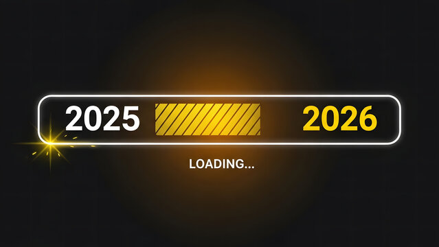 A glowing yellow loading bar progresses from "2025" towards "2026" on a dark black background, symbolizing the countdown and transition to the New Year with anticipation. - Powered by Adobe
