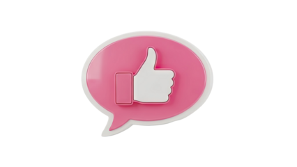 3D Pink speech bubble with thumbs up icon on transparent background