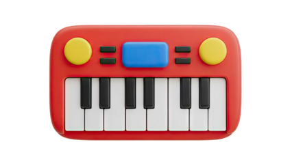 3D Cartoon red toy piano with yellow knobs and blue screen on transparent background