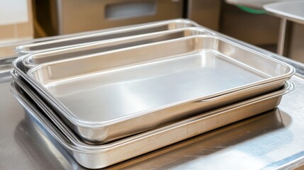 Stack of shiny stainless steel trays prepared for kitchen use and food service