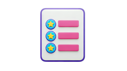 3D Checklist Icon with Stars and Pink Rectangles on transparent background