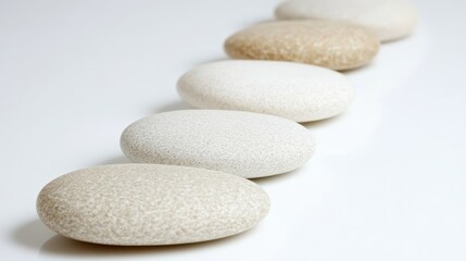 Smooth rounded pebbles arranged in a descending line against a white background