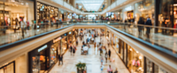Blurred view of a luxurious multi-level shopping mall with elegant storefronts, polished marble floors, and bright lighting creating a vibrant retail environment