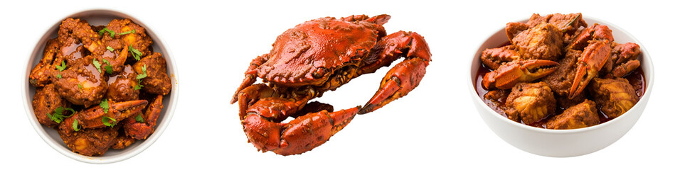 Three images of crab dishes, two in bowls and one whole crab, all with a rich reddish brown sauce on transparent background