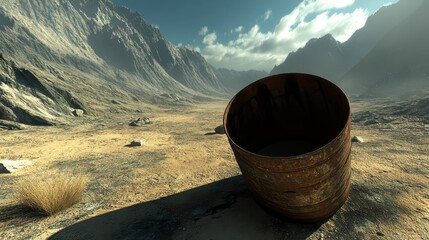 Rusty empty barrel lying on its side in a dusty barren landscape with mountains and sky