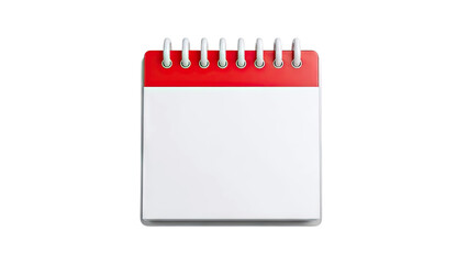 3D Blank tear-off calendar with red header and silver spiral binding on transparent background