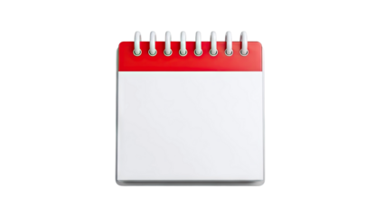 3D Blank tear-off calendar with red header and silver spiral binding on transparent background