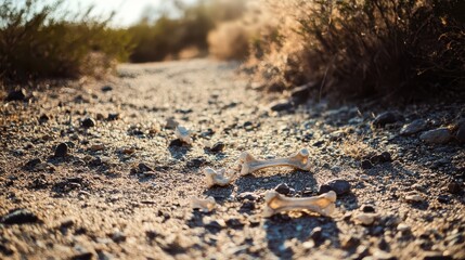 Sun bleached animal bone fragments scattered on the dusty dry ground of a desert path